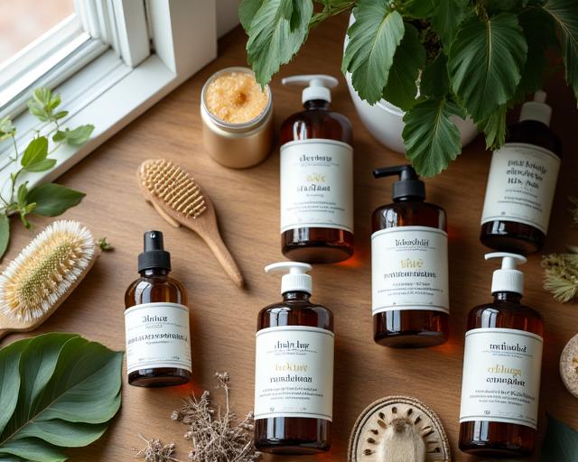 Productos de grooming ecológicos y sostenibles sobre una superficie de madera